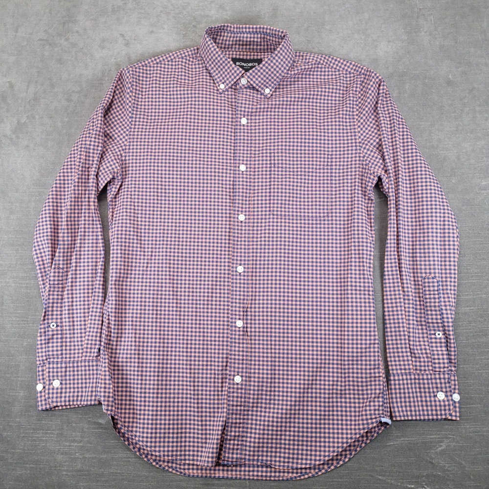 Bonobos Mens Slim Fit Stretch Gingham Button Down Shirt Small Pink Blue Check
